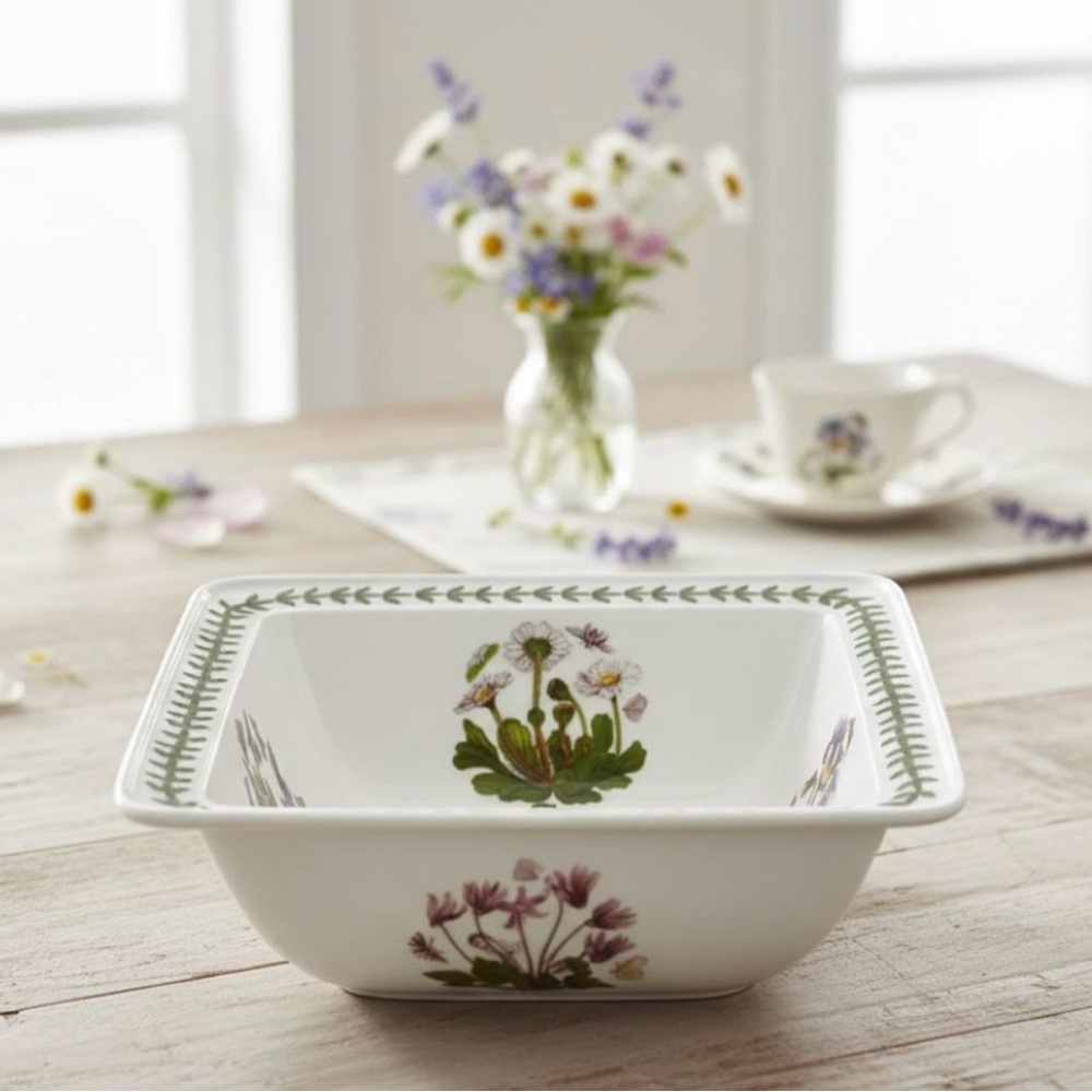 White Botanical Portmeirion Square Serving Bowl with Green Trim